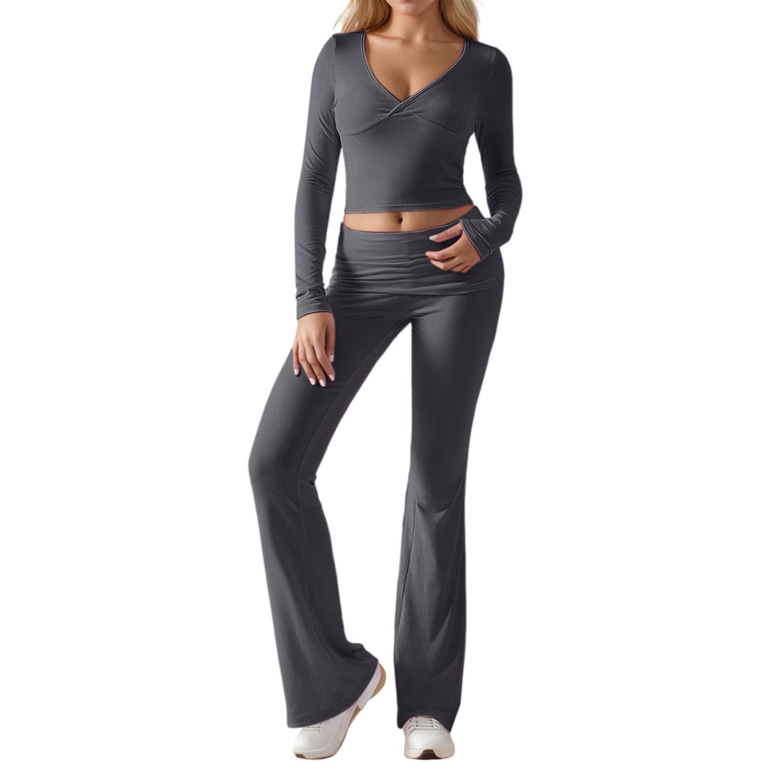 Conjunto de entrenamiento de 2 piezas para mujer: top corto de manga larga y pantalones de yoga con vuelta, conjunto de fitness a juego